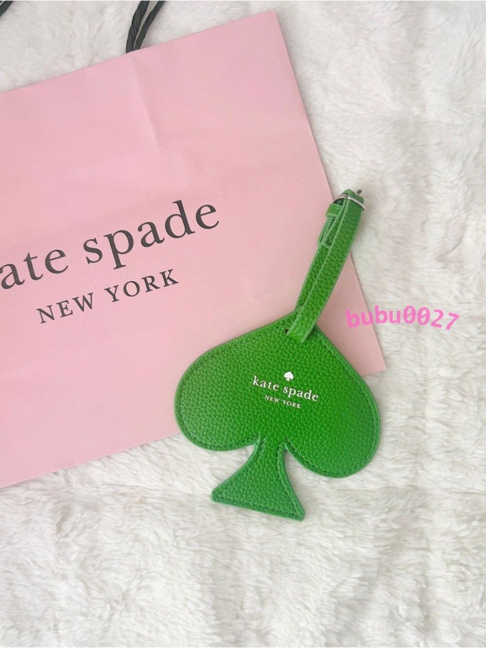 NWT💚Kate Spade Leather Luggage Tag Green Spade Shape Travel Work Gift Paper Bag